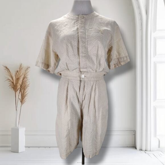 Lizwear Pants - Vintage 90s Linen Blend Romper Size S Beige Micro Dot Short Sleeve Pockets